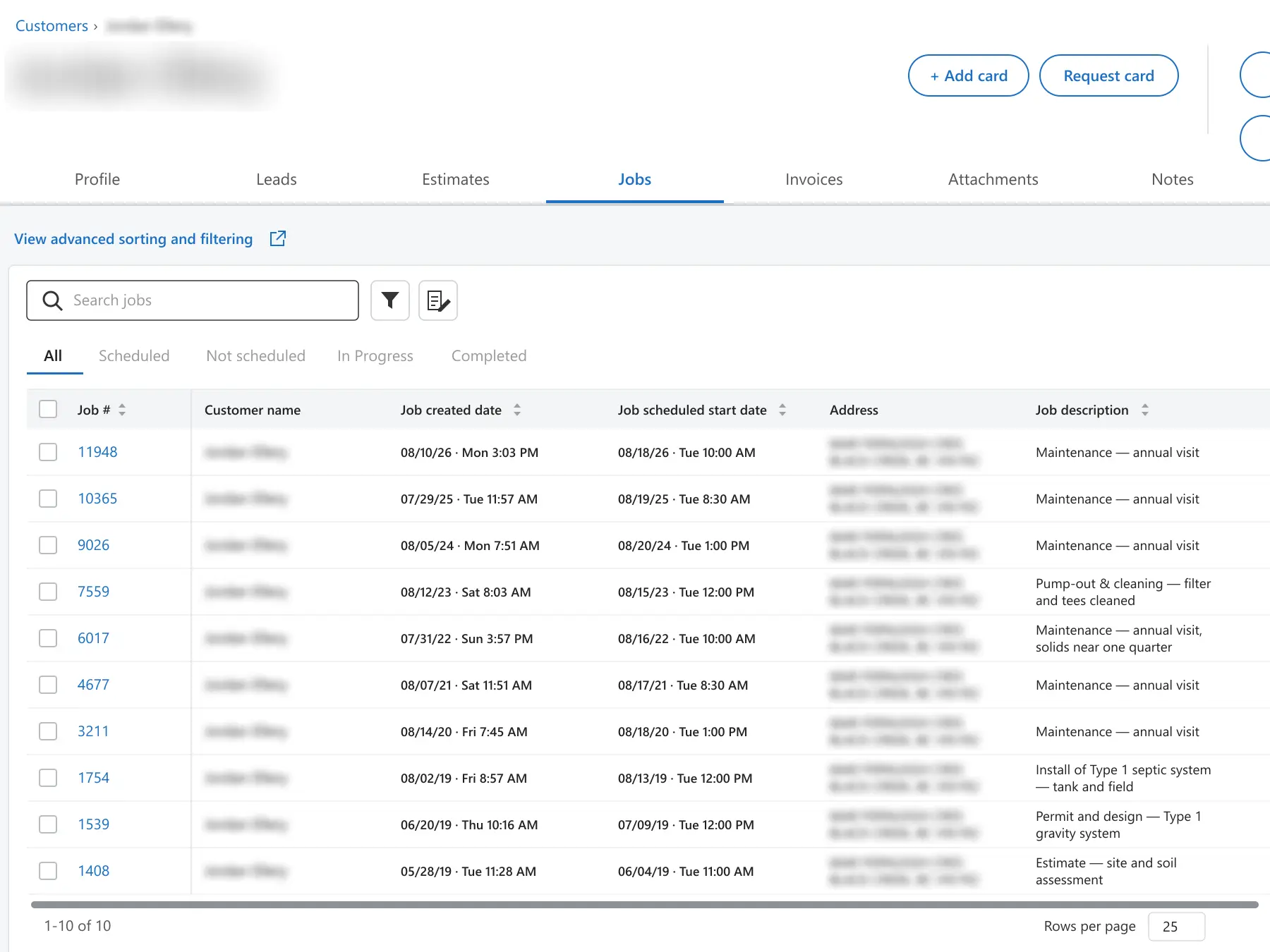 An example service record in Housecall Pro: one septic system's jobs from install through yearly maintenance and a pump-out, the customer's name and address blurred