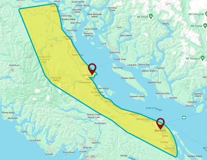 Map of the Big Yellow Truck service area on Vancouver Island, from Campbell River to Chemainus