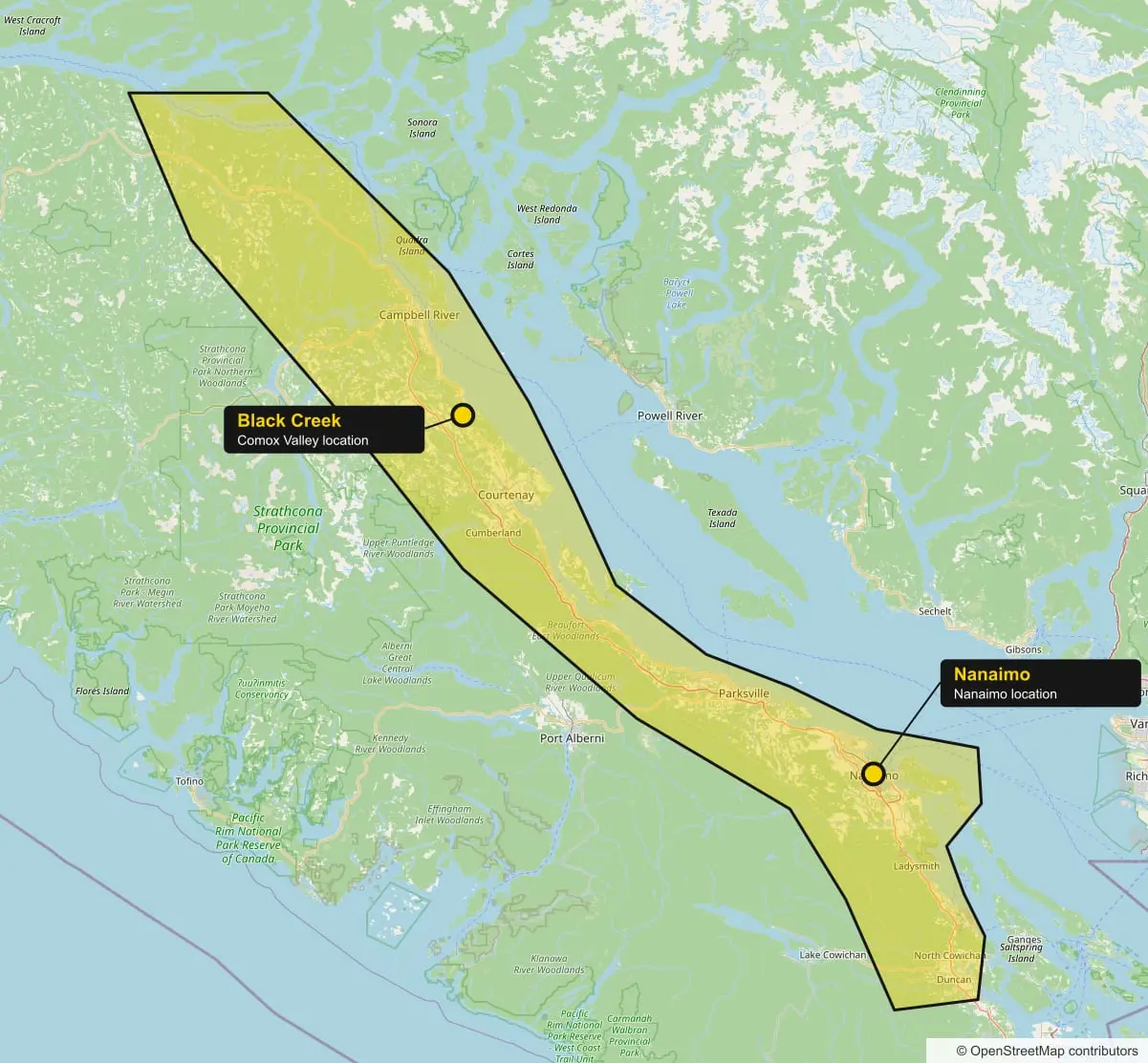 Map of the Big Yellow Truck service area on Vancouver Island, from Sayward to North Cowichan with Gabriola Island, and the Black Creek and Nanaimo locations